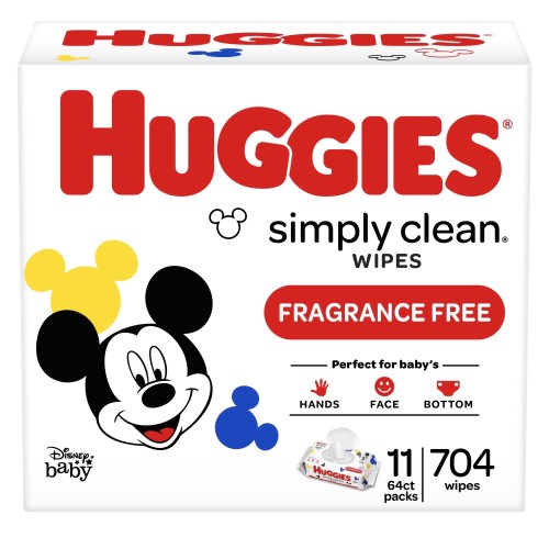 Huggies Simply Clean Unscented Baby Wipes, 11 Flip-Top Packs (704 Wipes Total) 64 Count (Pack of 11)