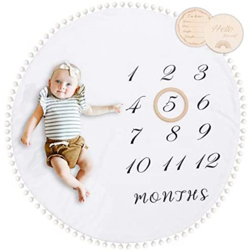 HAN-MM Baby Monthly Blanket with Double-Sided Milestone Cards and Circle Ring Play Mat Large(43.3" X43.3') Double Sided Pom Pom Ball Thick Flannel Round Rug for Boy Girl, Soft Baby Photography Props