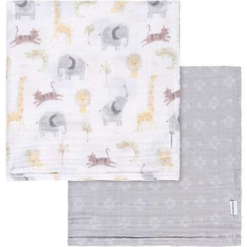 Gerber Baby Unisex 2-Pack Muslin Blanket, Animals + Geos Neutral, One Size
