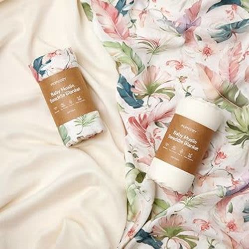Momcozy Muslin Swaddle Blankets, Softness Upgrade Neutral Swaddle Blanket, Breathable Large 47''x47'' Baby Infant Newborn Boys Girls Swaddling Receiving Blanket Wraps, 2 Pack, Beige & Flower Leaves