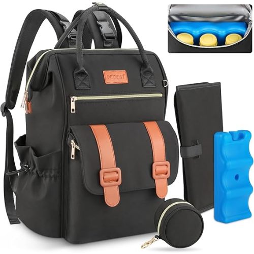 PIIOSER Diaper Bag Backpack with Ice Pack, Large Capacity & Waterproof Baby Travel Backpack Bag for Moms Dads, Insulated Baby Cooler Bag with Changing Pad, Stroller Straps & Pacifier Case, Black