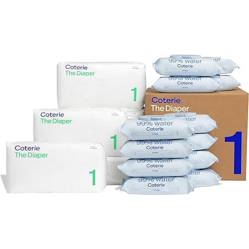 Coterie Baby Diapers + Wipes Baby Kit, Size 1 (198 Count) + 12 Wipe Packs (672 Wipes) Made with Plant-Based Fibers, Hypoallergenic, Designed for Sensitive Skin, Clean Ingredients