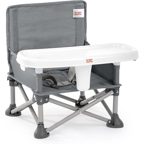 Bright Starts Pop 'N Sit Portable Booster, Indoor/Outdoor Use, Floor Seat with Feeding Tray, Grey, 6 Mos - 3 Yrs
