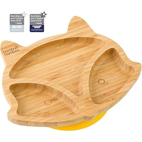 Bamboo Baby Plate with Suction - Kids and Toddler Suction Cup Plate for Babies, Non-toxic All-Natural Bamboo Baby Food Plate Stays Cool to the Touch for Baby-Led Weaning (Fox-Yellow)