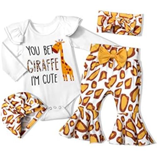 Baby Girl Clothes,4pcs Infant Newborn Girl Outfits Ruffle Romper Baby Bell Bottoms Headband Bandana Clothes Sets Gifts