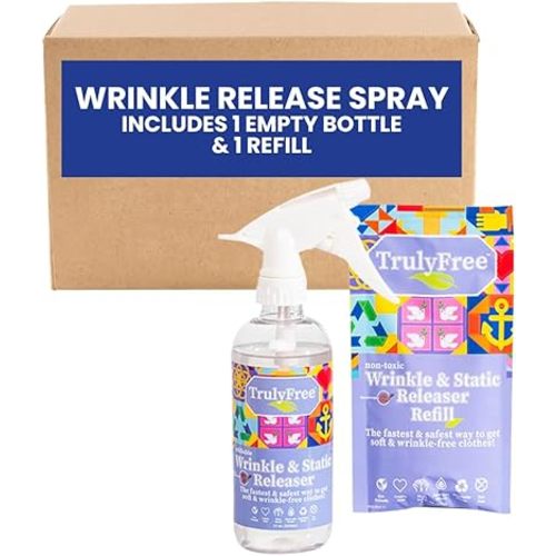 Truly Free Wrinkle & Static Releaser - Wrinkle Release for Clothes, Linen, & Sheet Fabrics - Static Guard Spray - Plant-Based - 1 Pouch 3oz Refill with 12oz Reusable Empty Spray Bottle