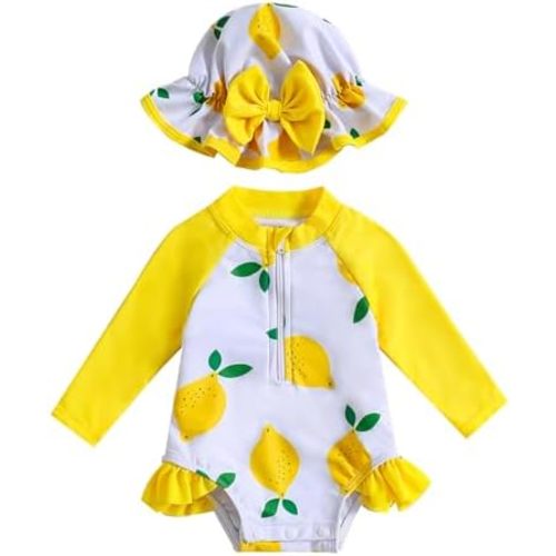 Baby Girls Swimsuit Long Sleeve Zipper Bathing Suit One Piece Swimwear with Hat