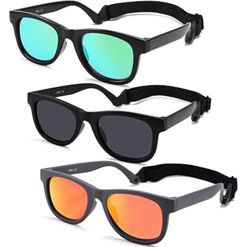 3 Pack Bendable Flexible Polarized Newborn Baby Sunglasses with Silicon Strap for Infant Boys Girls Age 0-12 Months CA9062