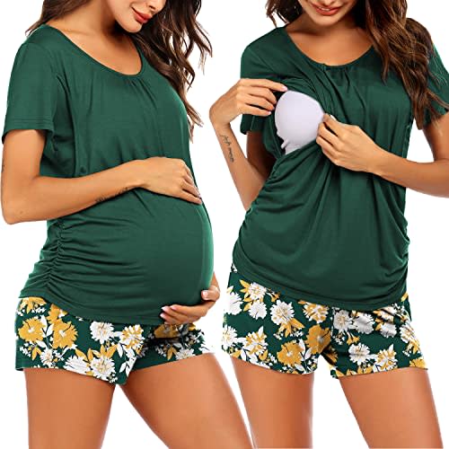 Ekouaer Women's Maternity Nursing Pajamas Set Breastfeeding Sleepwear Double Layer Short Sleeve Top & Shorts Pregnancy PJS