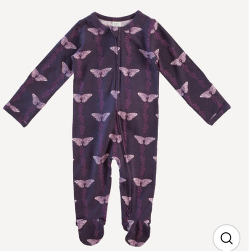 long sleeve two way zipper footie | purple butterfly vine | bamboo