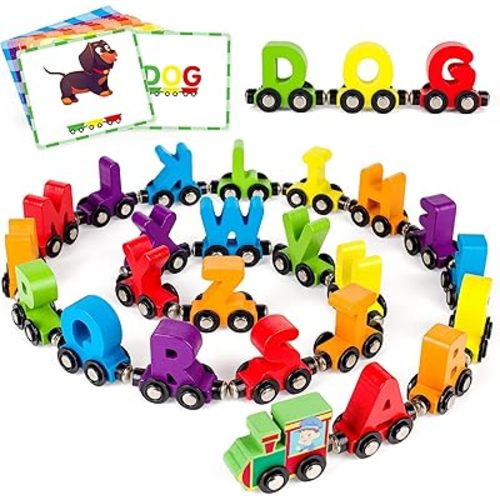 Vanmor 27 PCS Magnetic Wooden Alphabet Train Sets | ABC Letter Learning Toy Trains with 42 PCS Flash Cards, 1 Engine, 1 Storage Bag | Toddlers Kids Boys Girls Educational Toys for 3 4 5 6 7 Years Old