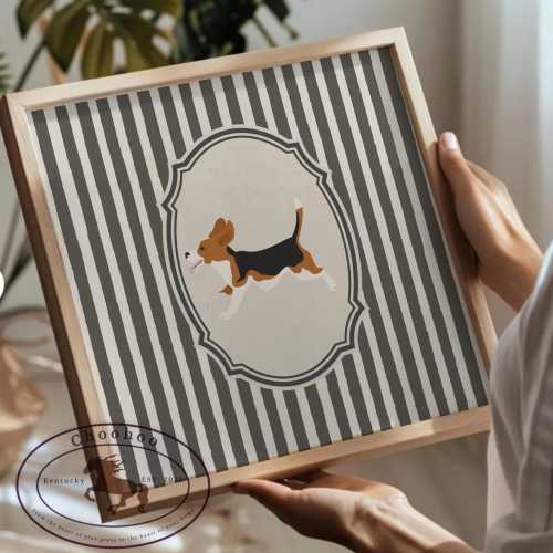 Running Beagle Wall Art - Playful Dog Print - Digital Download - Vintage Stripes Background, Nursery Art - Dog Printable - Digital Download