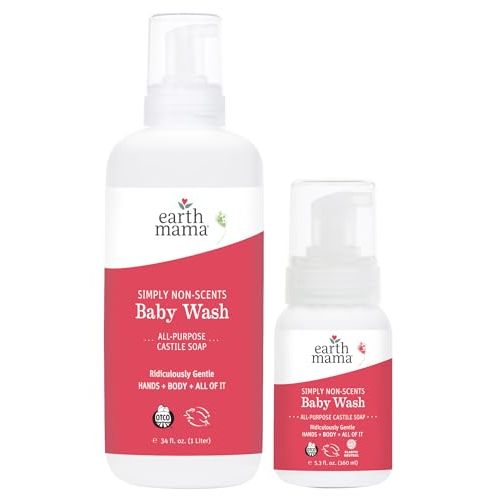 Earth Mama Simply Non-Scents Baby Wash Foaming Hand Soap Refill, Organic Unscented Body Wash for Sensitive Skin, Castile Soap with Coconut Oil, Shea Butter, Calendula, & Aloe, 5.3floz & Liter Refill