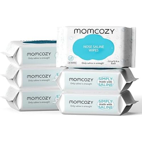 Baby Wipes, Momcozy Saline Nose and Face Baby Wipes, Made Only With Natural Saline, Mild and Non-irritating, 100% Biodegradable, Unscented & Hypoallergenic for Sensitive Skin, Portable, 180 Count (Packs of 6)