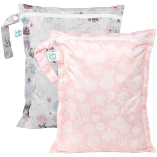 Bumkins Waterproof Wet Bag for Baby, Travel, Swim Suit, Cloth Diapers, Pump Parts, Pool, Gym, Toiletry, Strap to Stroller, Daycare, Zip Reusable Bag, Wetdry Packing Pouch, 2-pk Floral and Lace