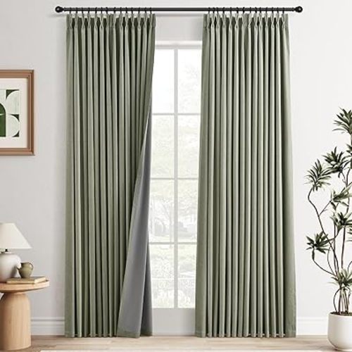 100% Blackout Sage Green Curtains Pinch Pleated Green Full Blackout Curtains 84 Inches Long for Bedroom Living Room Memory Shaped Thermal Insulated Linen Pinch Pleat Drapes with Hooks Rings Clips 7FT