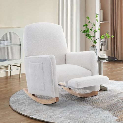 Hommoo Rocking Chair Nursery Glider Rocker Chair Teddy Fabric Upholstered Accent Chair with Adjustable Footrest High Back Rocker Arm Chair for Mom and Baby Nursery Living Room Bedroom White