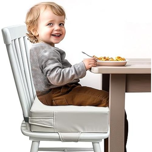 Booster Seat for Kitchen Chair (PU Material),Toddler Booster Seats for Dining Table Portable for Travel Camping Eating Double Safe Straps Non-Slip Bottom(Grey)