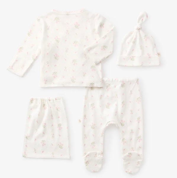 Folklore Floral Organic Cotton Pointelle Layette 3PC Set WHITE / Preemie