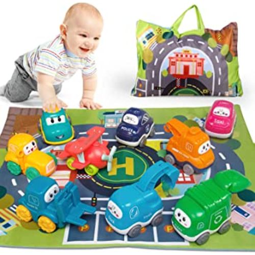 ALASOU 9 PCS Baby Cranes Car Toys with Playmat/Storage Bag|1st Birthday Gifts for Toddler Toys Age 1-2|Baby Toys for 1 2 Year Old Boy|1 2 Year Old Boy Birthday Gift for Infant Toddlers
