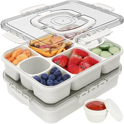 Caperci 2 Pack Snackle Box Container with 2 Sauce Cups - Large 8-Compartment Divided Serving Tray with Lid & Handle, Portable Snack Tray for Travel, Leak-Proof, Dishwasher Safe, BPA-Free (Set of 2)