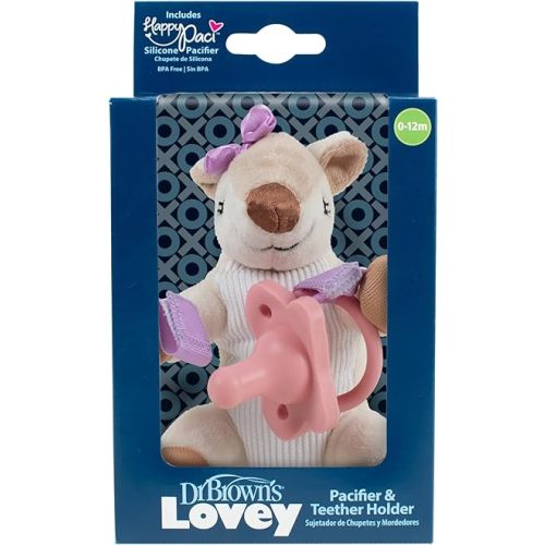 Dr. Brown's Baby Lovey Pacifier and Teether Holder, Deer with Pink HappyPaci, 100% Silicone, 0-6m (Packaging May Vary)