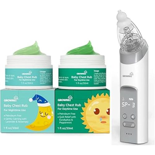 GROWNSY Nasal Aspirator for Baby Grey with 2 Pack Daytime & Nighttime Baby Chest Rubs
