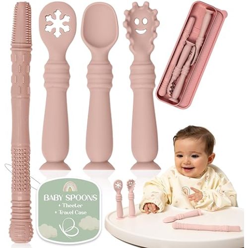 Baby Silicone Spoon Set with Teether and Case – Infant Spoons First Stage with Suction Base – Self feeding spoons for Babies 6-12 Months – Infant Feeding Essentials (Pink)