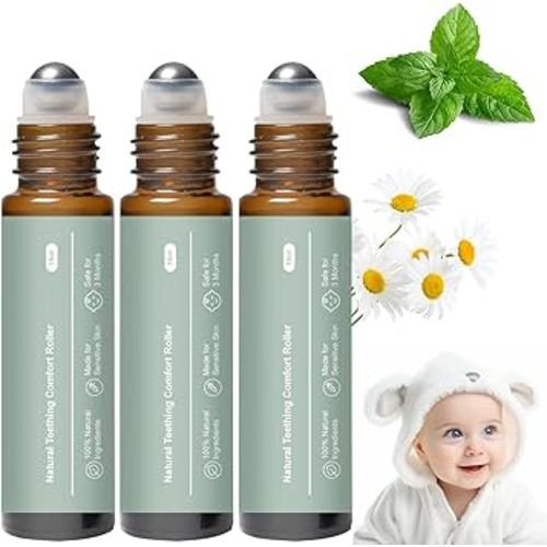 Teething Roller All Natural for Babies, Natural Gum Relief with Chamomile & Rose Oil, Gentle Massage Applicator for Soothing Infant Teething Pain, Essential Oil Massage Roller (3 PCS)
