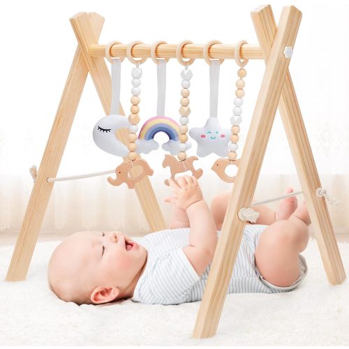 Wooden Baby Play Gym, Infant Activity Gym for 0-3-6-12 Months, Wooden Foldable Frame Bar, Baby Activity Center, Newborn Montessori Gift for Boys Girls Ages 0 Month+