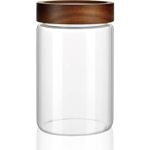 28 oz/850 ml Clear Glass Storage Canister with Airtight Wooden Screw Lid, Medium Cute Decorative Glass Container Jar for Coffee,Spice,Candy,Salt,Cookie,Condiment,Pepper,Sugar,Overnight Oatmeal