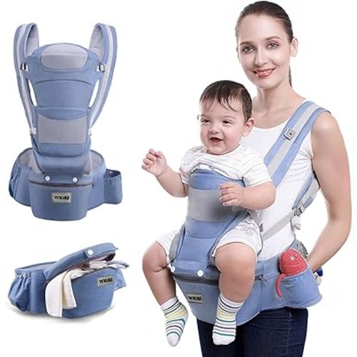 Baby Carrier with Hip Seat, for 0-48 Month Baby, Soft Baby Carrier Newborn to Toddler, 15-in-1 Ways to Carry, Adjustable Size with Sunshade, Windproof & Storage Functions (Blue)