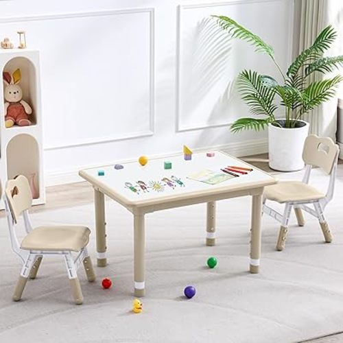 Kids Table and 2 Chairs Set, Height Adjustable (17.7"-26.1") Toddler Table and Chair Set, Multi-Activity Table with Graffiti Desktop, Children’s Table and Chairs for Classroom, Home & Daycare