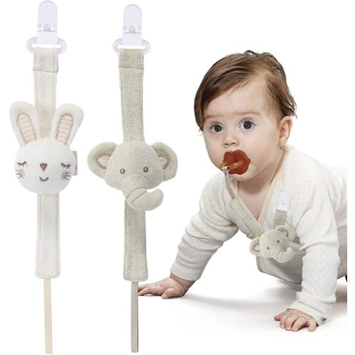 Pacifier Clip, 2 Pack Baby Pacifier Holder for Boys and Girls Fits Many Pacifiers & Baby Teething Toys, Ideal Baby Gift (Elephant&Rabbit)