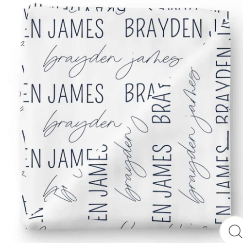 Personalized Dark Navy on White Baby Name Swaddle Blanket