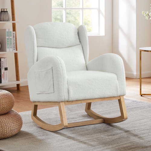 Timbernest Rocking Chair Nursery, Wingback Glider Rocker, 28" Wide Accent Chair with Side Pocket, High Backrest, Ivory Teddy