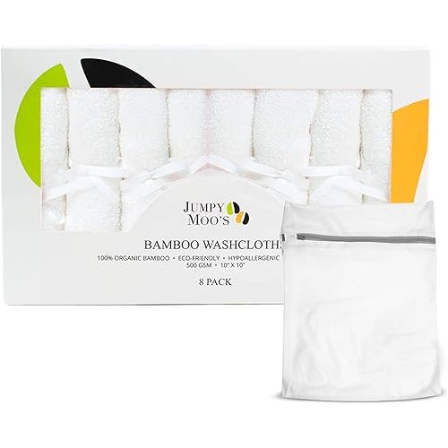 Jumpy Moo's Baby Washcloths - 100% Rayon from Bamboo, Ultra Thick 10x10 inches, Gentle on Delicate Skin, Perfect for Girls and Boys, Includes Giftbox & Laundry Bag