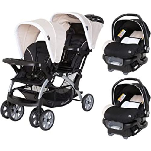 Baby Trend Sit N' Stand Easy Fold Travel Double Toddler and Newborn Stroller & 2 Single Infant Car Seat Combo Set, w/ Safety Harnesses & Cover, Khaki