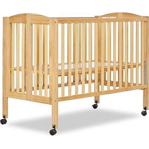 Dream On Me Full-Size 2-in-1 Folding Baby Crib in Natural, GreenGuard Gold & BSA, Portable, Patented Quick Folding System, Strong Wheels, 2 Adjustable Mattress Heights