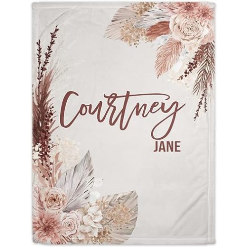 Girls Love A Monogram - Personalzied Custom Boho Floral Baby Blankets for Girls with Name Shower Gift (Beige, 30 X 40 Baby)
