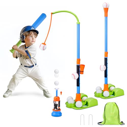 JoyCat 3-in-1 T Ball Set for Kids 3-5,Toddler Baseball Set-T Ball Stand,Hanging Tee,Auto Launcher,6 Balls-Adjustable Height Sports&Outdoor/Indoor Toys for 3 4 5 6 7 8 Year Old Boy Girl Birthday Gift