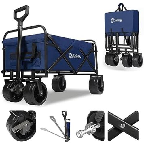Sekey Collapsible Foldable Wagon with 220lbs Weight Capacity, Heavy Duty Folding Garden Cart with Big Beach Brake Wheels & Drink Holders.Blue