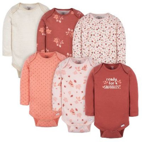 Gerber Baby Girls' Long Sleeve Onesies® Bodysuits, 6-Pack, Leaves, 0-3 Months