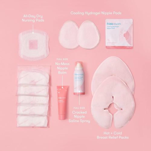 Amazon.com : Frida Mom Breastfeeding Survival Kit for Nursing Moms, Reusable Hot+Cold Breast Relief Packs, Hydrogel Nipple Pads, Cracked Nipple Saline Spray, Nipple Balm, Nursing Pads, 13 Piece Gift Set : Baby