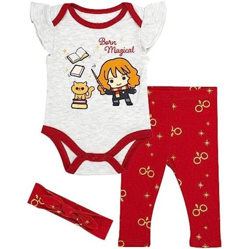 Harry Potter Baby Girls 3 Piece Outfit Set – Hermione “Born Magical” Bodysuit, Leggings & Headband Infant Clothing Set