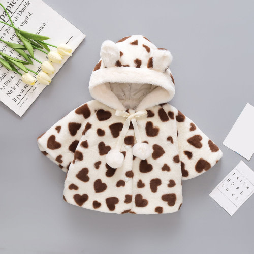 Sokhug Toddler Baby Girls Solid Color Heart Print Plush Cute Bear Ears Winter Hoodie Thick Coat Jacket