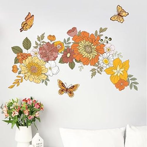 Yovkky Boho Vintage Groovy Flower Wall Decals Stickers, Bohemian Retro Floral Peony Hippie Home Bedroom Decor, Hippy Wildflower Butterfly Living Room Kitchen Decorations Art