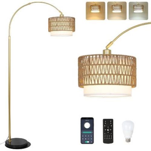 DOMETOUR Arc Floor Lamp with Rattan & Linen Shades, Gold Lamp with Remote & Dimmable Bulb, Adjustable Height, 3 Color Temps for Bedroom & Living Room