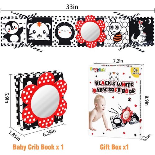 FUNNYB&G Black and White Baby Toys - High Contrast Baby Sensory Book 0-3 Months for Newborns Brain Development Tummy Time Mirror Toys Infant Montessori Learning Toys for Babies 0-6-12 Month