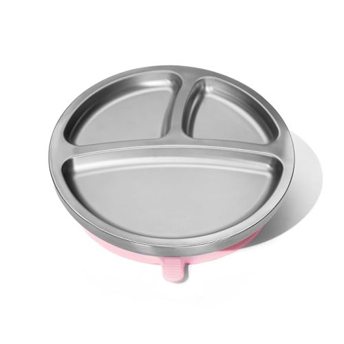 Avanchy Baby Plates with Suction – Stainless Steel Divided Plates for Toddlers, BPA-Free, Dishwasher Safe, Unbreakable, Non-Toxic, 100% Silicone Suction – Pink - Baby Pink